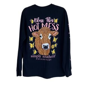 Simply Southern NWT Sz M Black Long Sleeve  Crewneck Tee Cow Bless This Hot Mess